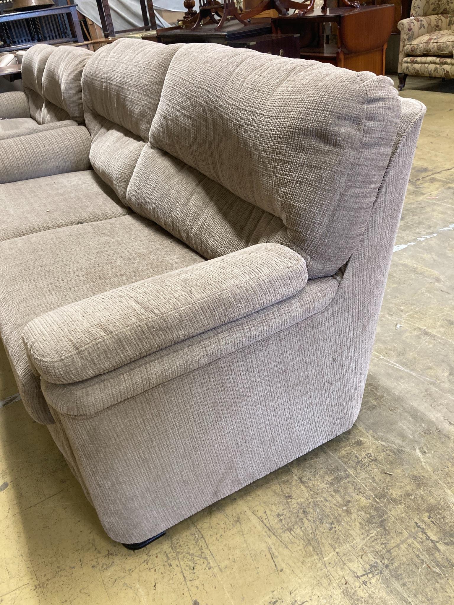 Two matching contemporary four-seater settees with grey/brown upholstery, length 200cm, depth 100cm, height 88cm